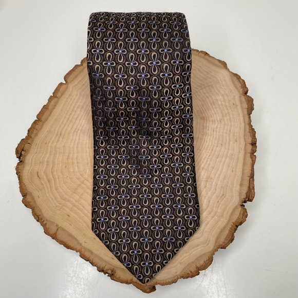 Ike Behar New York Mens Silk Tie Brown Blue Geometric Floral Hand Tailored USA - Picture 2 of 9